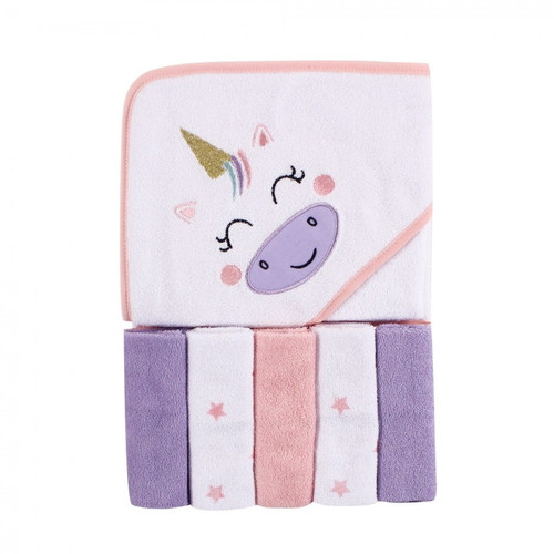Luvable Friends Baby Girl Hooded Towel With Five Washcloths, Unicorn, One Size