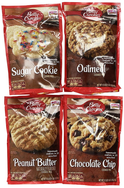Betty Crocker Cookie Mix Variety Pack Of Popular Flavors: (1) Chocolate Chip Cookie Mix + (1) Peanut Butter Cookie Mix + (1) Oatmeal Cookie Mix + (1) Sugar Cookie Mix. (4 Flavors Per Order)