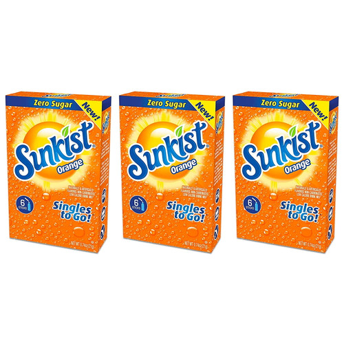 Cgt Sunkist Soda Orange Singles To Go Zero Sugar Naturally Artificially Flavored Non-carbonated Low Calorie Powdered Drink Mix Just Add Water (3 Boxes - 6 Packets Per Box = 18 Total Servings)