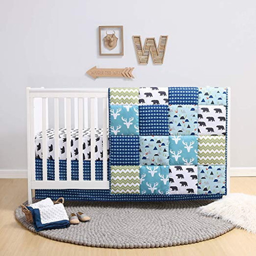 The Peanutshell Crib Bedding Set For Baby Boys Or Baby Girls, Forest Animals, Nursery 3 Piece Set, Blue