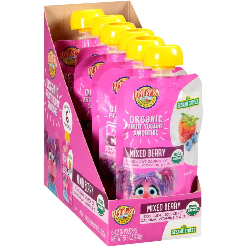 Earth's Best Organic Sesame Street Fruit Yogurt Smoothie, Mixed Berry, 4.2 Oz Pouch, 6 Pack