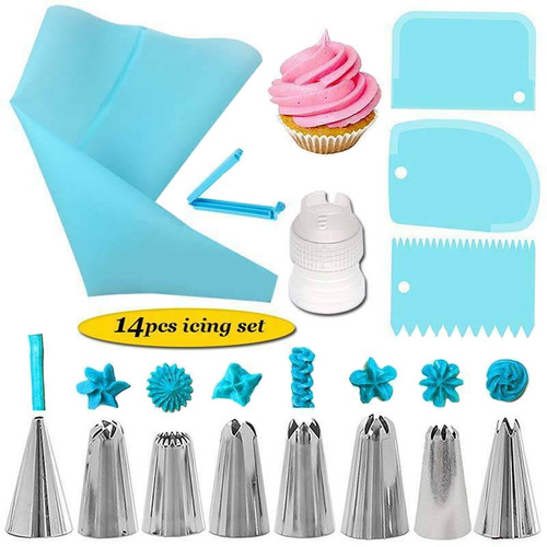14 Pieces Stainless Steel Piping Nozzle Tips Icing Bag Silicone Scrapers Cake Decorating Supplies Kit Kitchen Cupcake Baking Tools