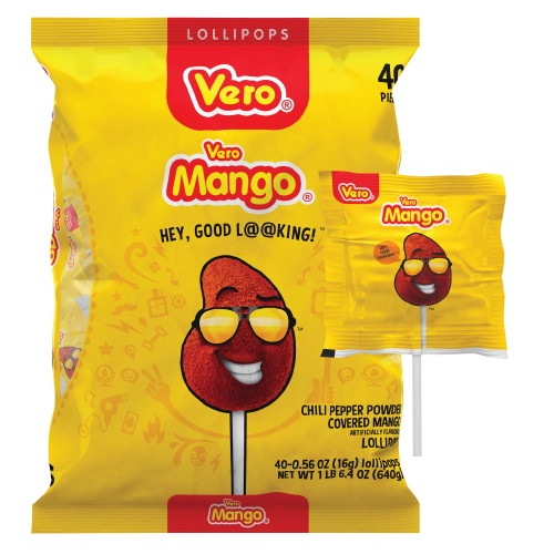 Vero Mango Lollipops Coated With Chili Powder, Hot And Sweet Candy Treat, Artificially Flavored, Net Wt. 22.4 Ounces, 40 Count Bag