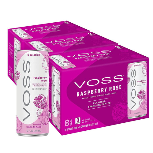 Voss Raspberry Rose Flavored Sparkling Water, Unsweetened, Zero Calories, 24 Count
