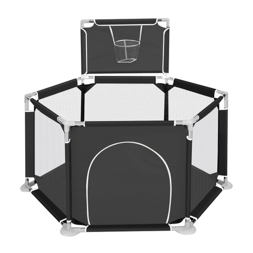 6 Panels Playpen For Baby, Kid Playard With Basketball Hoop, Portable Baby Ball Pit With Breathable Mesh Infant Children Play Game Fence For Indoors Outdoors,black