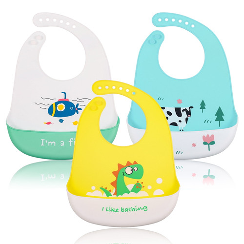 Yaoping Soft Silicone Baby Feeding Bibs With Food Catcher Pocket, Unisex, 3 Packs
