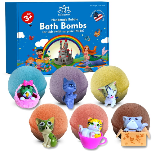6 Bath Bombs Set For Kids With Toys Inside - Surprise Cute Cats Inside Each Fizzy Ball - Natural And Safe For Girls, Boys, Teens - Perfect Gift Idea - Handmade In Usa