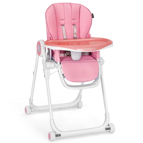 Babyjoy Baby High Chair Foldable Feeding Chair W/ 4 Lockable Wheels Pink