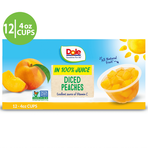 Dole Fruit Bowls Yellow Cling Diced Peaches In 100% Fruit Juice, 4 Oz Bowls, 12 Cups Of Fruit