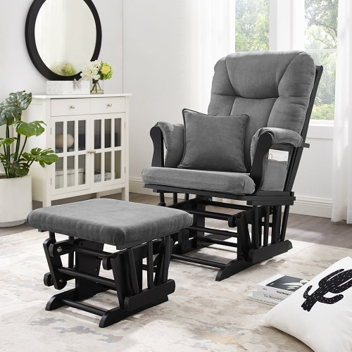 Angel Line Monterey Ii Glider And Ottoman, Black Finish With Dark Gray Cushions