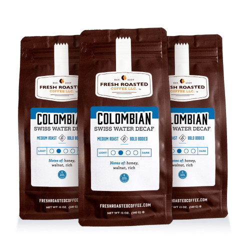 3 Pack Fresh Roasted Coffee, Colombian Swiss Water Decaf Coffee, Medium Roast, Ground, 12 Oz