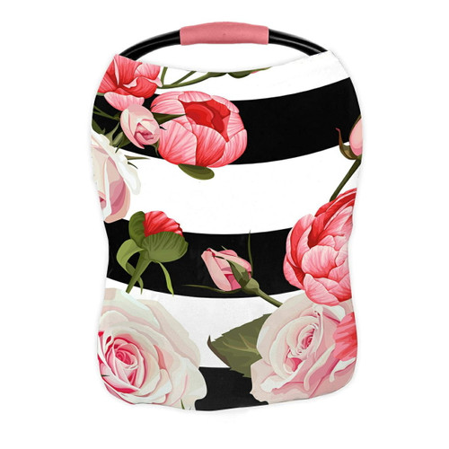 Abphqto Peony And Roses Black White Stripes Flower Nursing Cover Baby Breastfeeding Infant Feeding Cover Baby Car Seat Cover Infant Stroller Cover Carseat Canopy Breathable