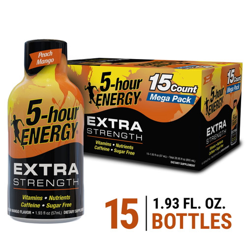 5-hour Energy®  Shot, Extra Strength, Peach Mango, 1.93 Oz, 15 Count