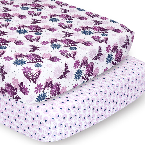 The Peanutshell Novelty Purple Floral Butterfly Woodland Whimsy Microfiber Plain Sheet Sets, Crib, Deep Pocket Washable 2 Pieces