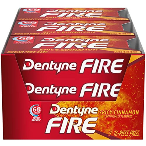 Dentyne Fire Spicy Cinnamon Sugar Free Gum, 16 Count, Pack Of 9