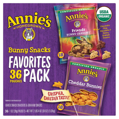 Annie's Homegrown Organic Bunny Snacks, Variety Pack, 1 Oz., 36-count