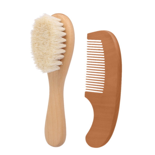 2pcs Baby Hair Brush Comb Set Hairbrush Kit Infant Comb Soft Wool Hair Wooden Handle Scalp Massage