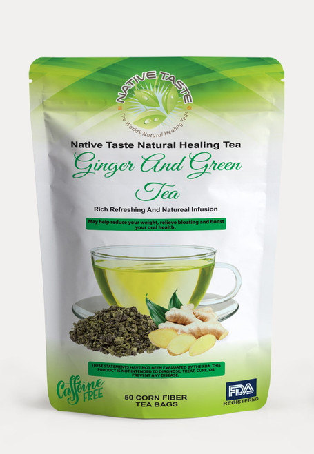 Ginger And Green Tea - 50 Pyramid Corn Fiber Teabags- 100% Sun Dry Cut And Sift Tea Leaves In Pyramid Teabags- 100 Percent Natural Taste