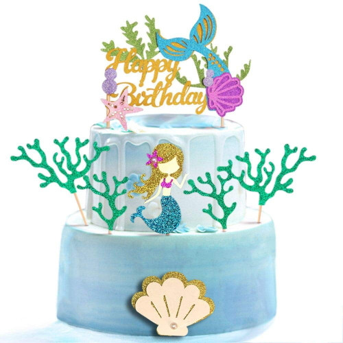 Glitter Mermaid Theme Birthday Cake Topper With Seaweed And Mermaid, Cake Cupcake Toppers For Girls Mermaid Themed Birthday Cake Party Decorations