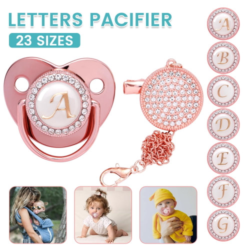Initial Letter Baby Rose Gold Pacifier, Gold Bling Baby Nipple Pacifier With Clips Newborn Dummy Pacifier