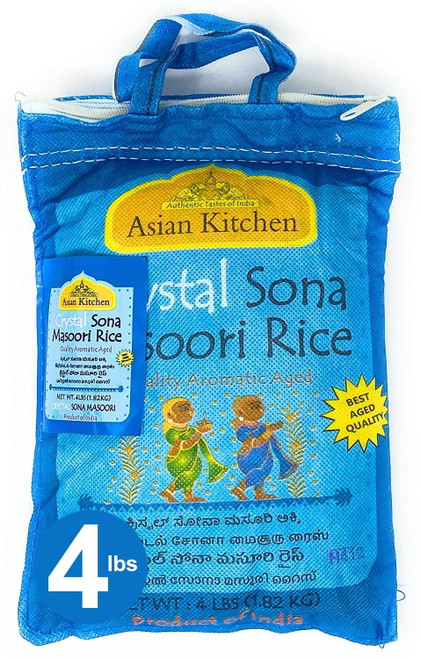 Asian Kitchen Crystal Sona Masoori Aged Rice 4-pound Bag, 4lbs (1.81kg) Short Grain Rice ~ All Natural | Gluten Friendly | Vegan | Indian Origin | Export Quality