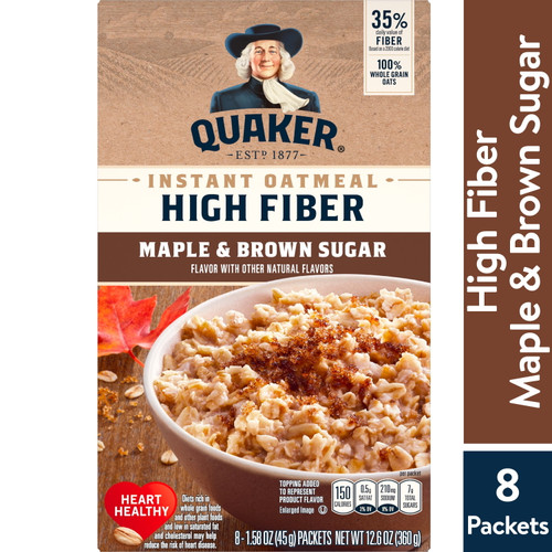 Quaker, High Fiber Instant Oatmeal, Maple & Brown Sugar, 1.58 Oz, 8 Packets