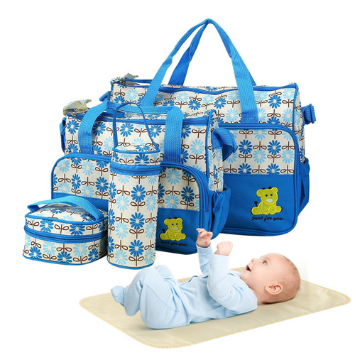 Imountek 5pcs Diaper Bag Tote Set Baby Nappy Diaper Bags Set Mummy Diaper Shoulder Bags With Nappy Changing Pad Insulated Pockets Travel Tote Bags For Mom Dad Blue