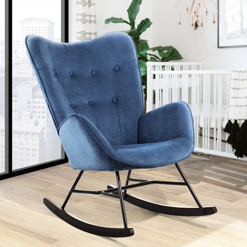 Houseinbox Rocking Chair Nursery Tufted Armchair Accent Chair Single Sofa With Wooden Legs, Blue