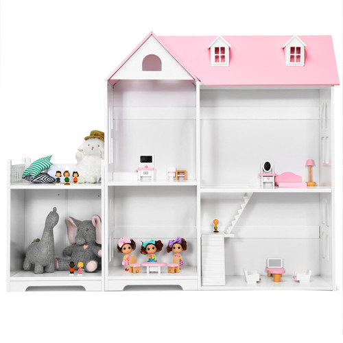 Infans Dollhouse Bookcase 2-tier Wooden Multi-purpose W/ Toy Space Gift For Kid’s Room