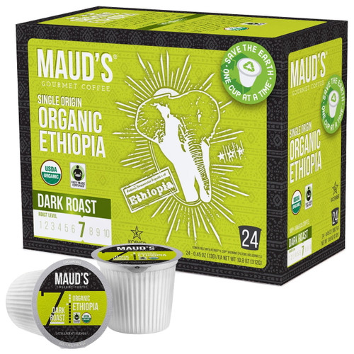 Maud's Organic Ethiopian Coffee (dark Roast Coffee), 24ct. Solar Energy Produced Recyclable Single Serve Fair Trade Single Origin Organic Ethiopian Coffee Pods - 100% Arabica Coffee, Kcup Compatible