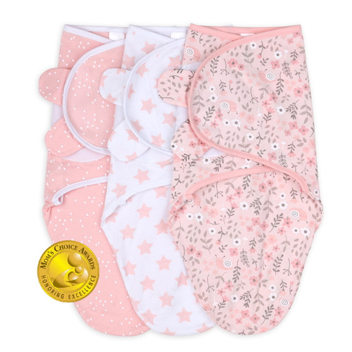 The Peanutshell Newborn Swaddles For Baby Girls, 3 Pack Set, Pink Floral Stars