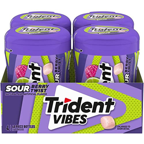 Trident Vibes Sour Berry Twish Sugar Free Gum, 4 Bottles Of 40 Pieces (160 Total Pieces)