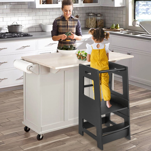 Kitchen Step Stool For Kids And Toddler With Safety Rail, Adjustable Height Kids Learning Stool With Non Slip Mat, Standing Learning Toddler Tower For Kitchen Counter, Black