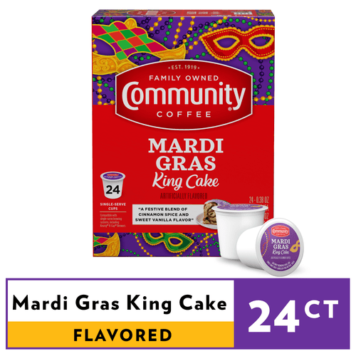 Community Coffee Mardi Gras King Cake Medium Roast Keurig Coffee Pods, 24 Ct