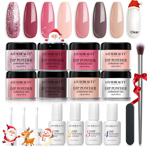 17 Pcs Dip Powder Nail Kit Starter, Azurebeauty Nude Pink Glitter 8 Colors Acrylic Dipping Powder System Essential Kit For French Nail Manicure Nail Art Set For Christmas