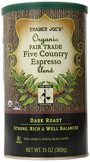 Trader Joes Organic Fair Trade Five Country Espresso Blend 100% Arabica Roasted Whole Bean Coffee, 13 Ounce