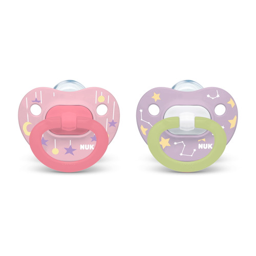 Nuk Glow-in-the-dark Orthodontic Pacifiers, Girl, 0-6 Months, 2-pack