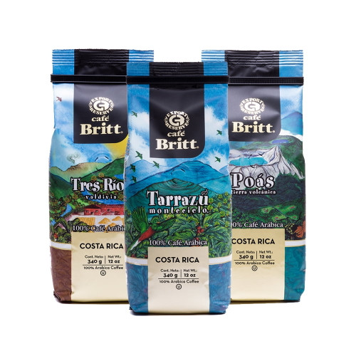 Café Britt - Costa Rican Origins Coffee Bundle (12 Oz.) (3-pack) (tarrazú, Tres Ríos & Poás) - Whole Bean, Arabica Coffee, Kosher, Gluten Free, Gourmet & Medium Light & Dark Roast (1 Year Shelf-life)