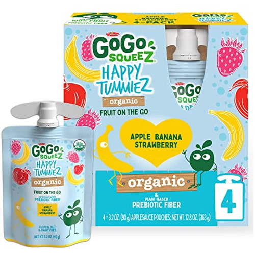 Gogo Squeez Happy Tummiez Organic Apple Banana Strawberry, 3.2 Oz. (4 Pouches) - Kids Snacks With Prebiotic Fiber - Gluten Free Snacks For Kids - Nut & Dairy Free - Vegan Snacks
