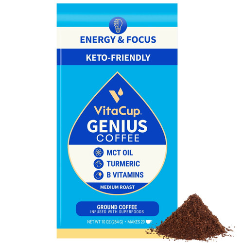 Vitacup Genius Blend Ground Coffee With Mct Oil, Turmeric, & B Vitamins, Medium Roast, 10 Oz Bag