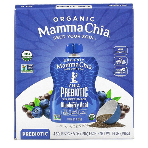 Mamma Chia, Organic Chia Prebiotic Squeeze, Blueberry Acai, 4 Squeezes, 3.5 Oz