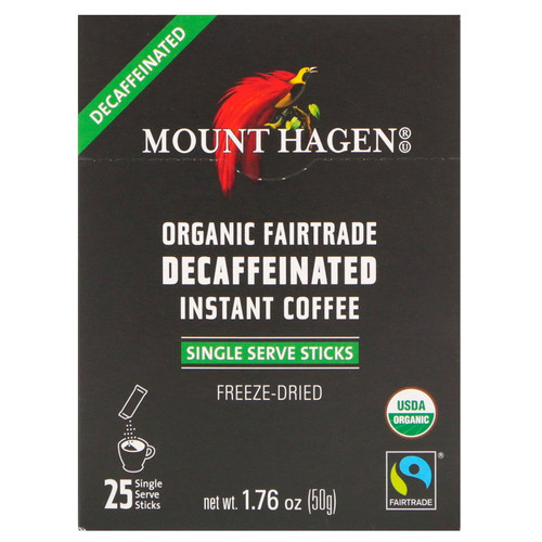 Mount Hagen Organic Fairtrade Decaffeinated Instant Coffee, 25 Single Serve Sticks, 1.76 Oz (50 G)