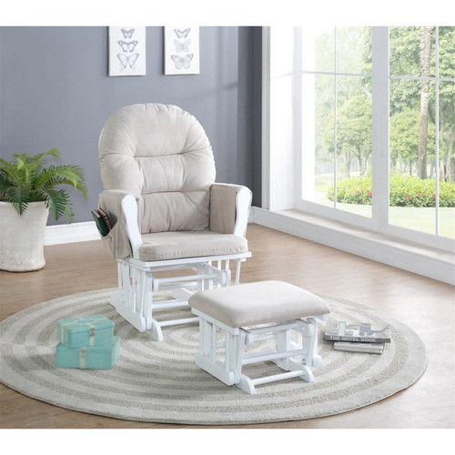 Naomi Home Brisbane Glider And Ottoman Set, Nursery Glider With Ottoman, Wood Nursery Chair For Baby Room, Upholstered Nursing Chairs For Mom And Baby With Padded Arms Color Cream, Finish White