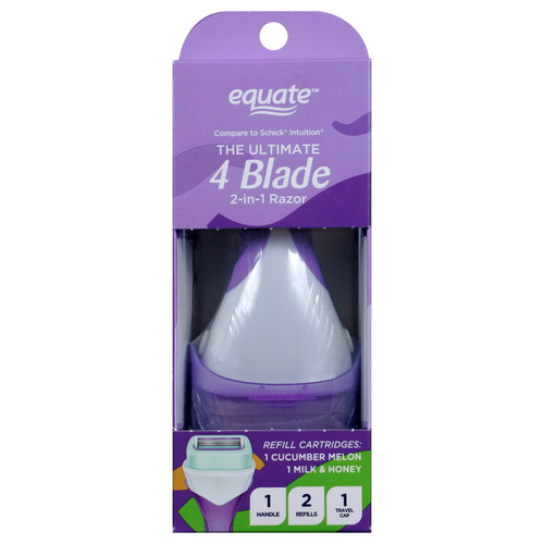 Equate Women's 4 Blade 2-in-1 Razor Handle And 2 Razor Cartridges, Cucumber Melon And Milk & Honey, 2 Count