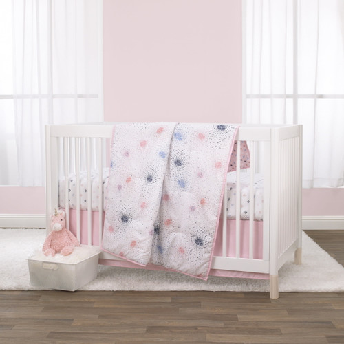 Little Love By Nojo Pink Starburst 3 Piece Crib Bedding Set - Comforter, Fitted Crib Sheet, Dust Ruffle - Pink And White Starburst