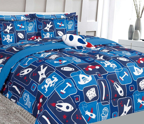 6pc Comforter For Kids Bedroom Girl Boy , Twin Size Toys Rocket Reversible Flufly Soft Includes 1 Comforter, 1 Sham,1 Flat Sheet , 1 Fitted Sheet, 1 Pillowcase, 1 Decorative Pillow