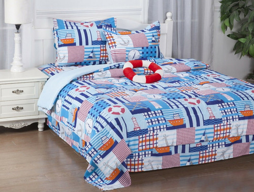 Comforter Set Matching Fitted Sheet Set And Pillow Sham Plushie Toy Twin Size Sailor Boat Bed In Bag Print Design Supersoft For Girls, Boys Bedroom Décor