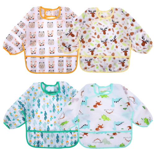 Ishantech 4 Pack Long Sleeve Baby Bibs, Waterproof Sleeved Bib, Toddler Soft Bib For 6-24 Months