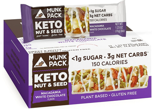 Munk Pack Keto Nut &amp; Seed Bar | Macadamia White Chocolate | 12 Bars | Low Carb Keto Snack | Plant Based And Gluten Free Treat | No Added Sugar | Keto Food | Keto Candy Bar | <1g Sugar, 3g Net Carbs