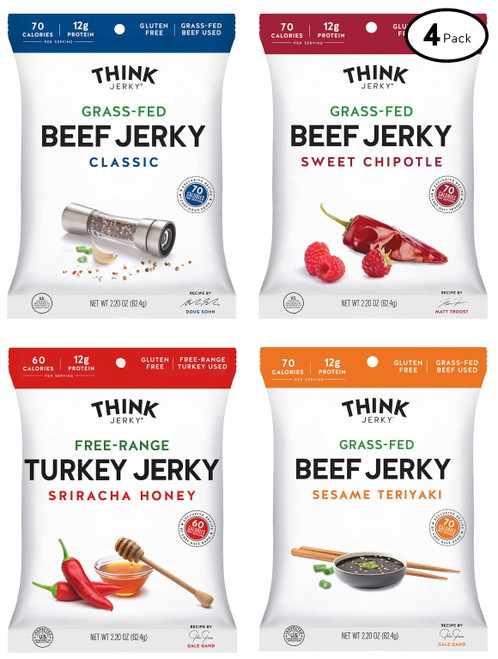 Think Jerky, Beef And Turkey Jerky Variety Pack (1.0 Ounce Bags, Pack Of 8) Contains 2 Bags Of Each; Classic Beef Jerky, Sweet Chiptole Beef Jerky, Siracha Honey Turkey Jerky, And Sesame Teriyaki Beef